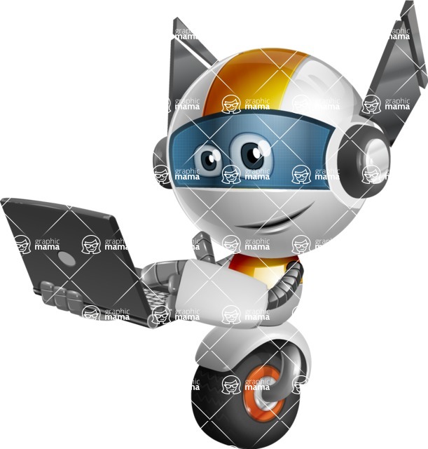 Cute robot cartoon character - 112 stock vector images - Cute robot cartoon character with a laptop computer - stock vector graphic image